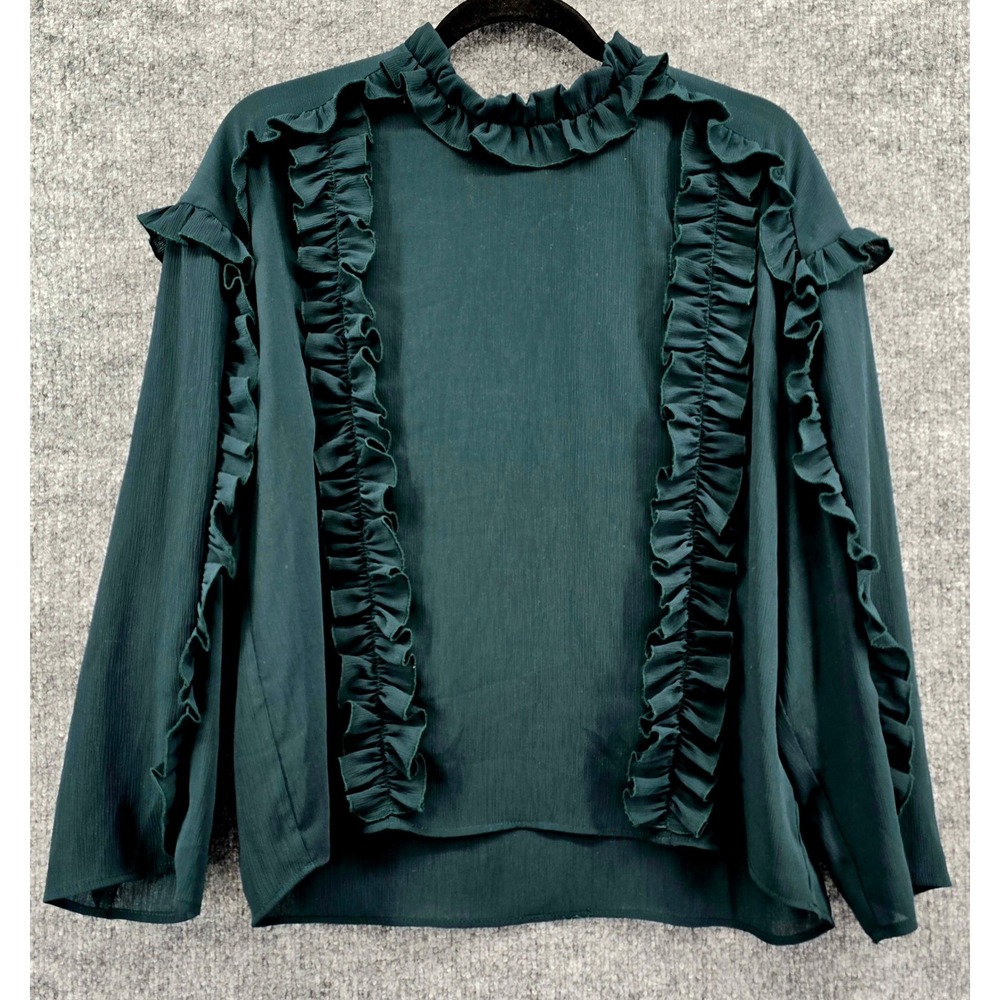 Zara Ruffle Blouse Women L Green Long Sleeve Mock Neck Crepe Top Dark Romantic